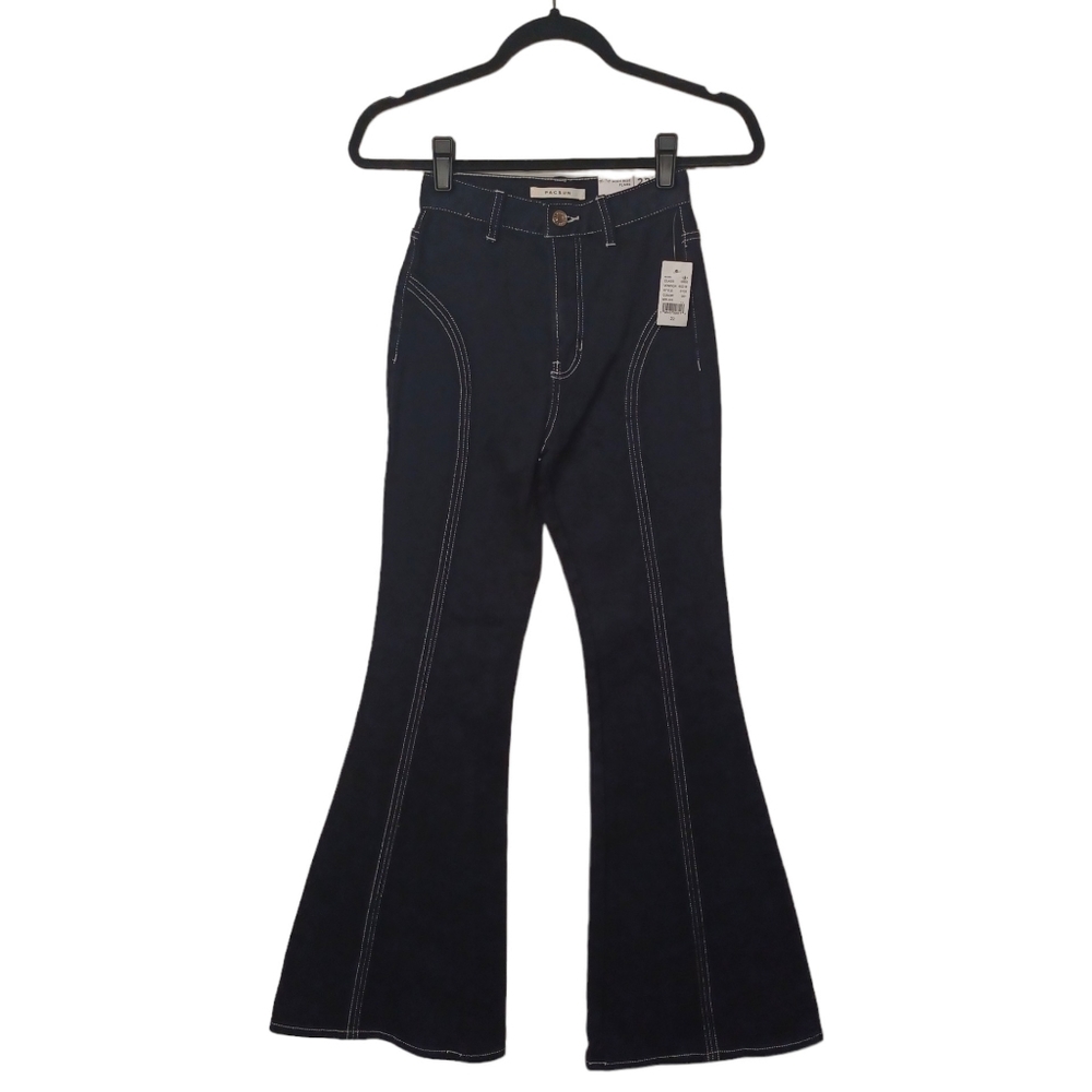 PACSUN High Rise Flare Black White Stitch Denim Jeans 22 NWT